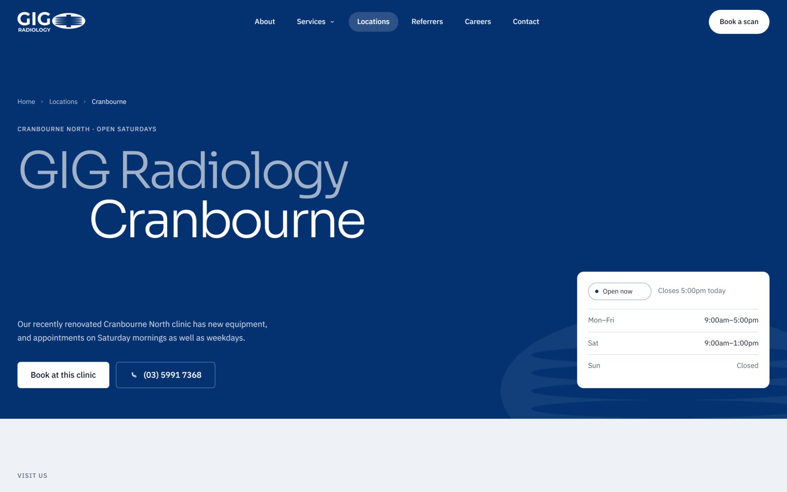The Cranbourne clinic page, showing that the clinic is open now, its weekday and Saturday hours, and buttons to book at this clinic or call it