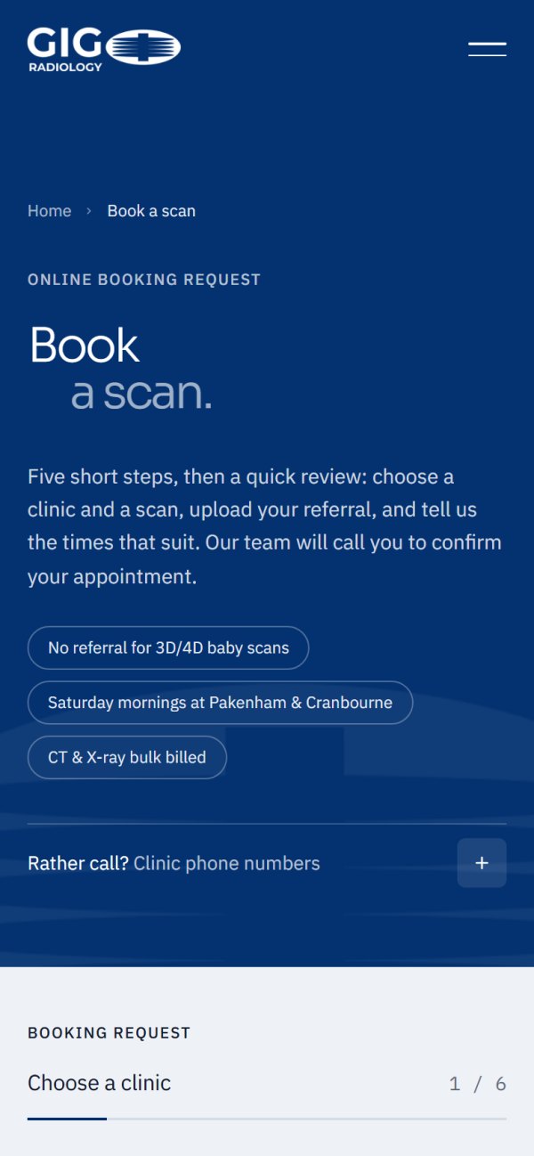 The booking request page on a phone, with every clinic's phone number one tap away and the first step of the form below