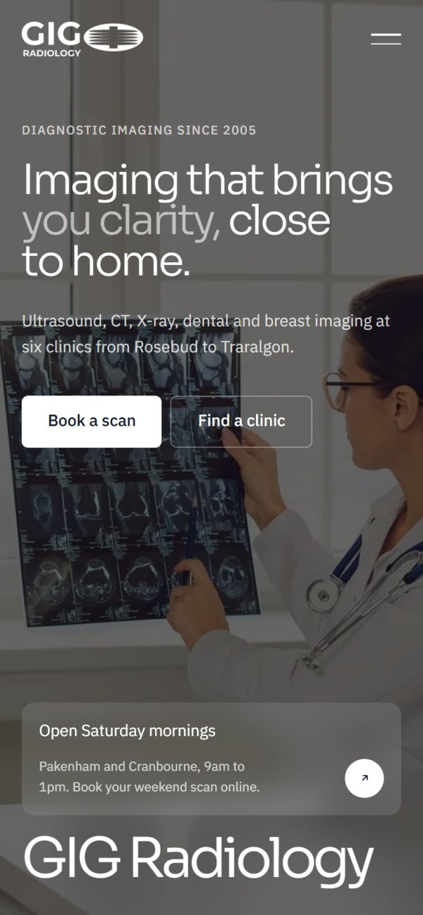 The GIG Radiology homepage on a phone, with Book a scan and Find a clinic on the first screen