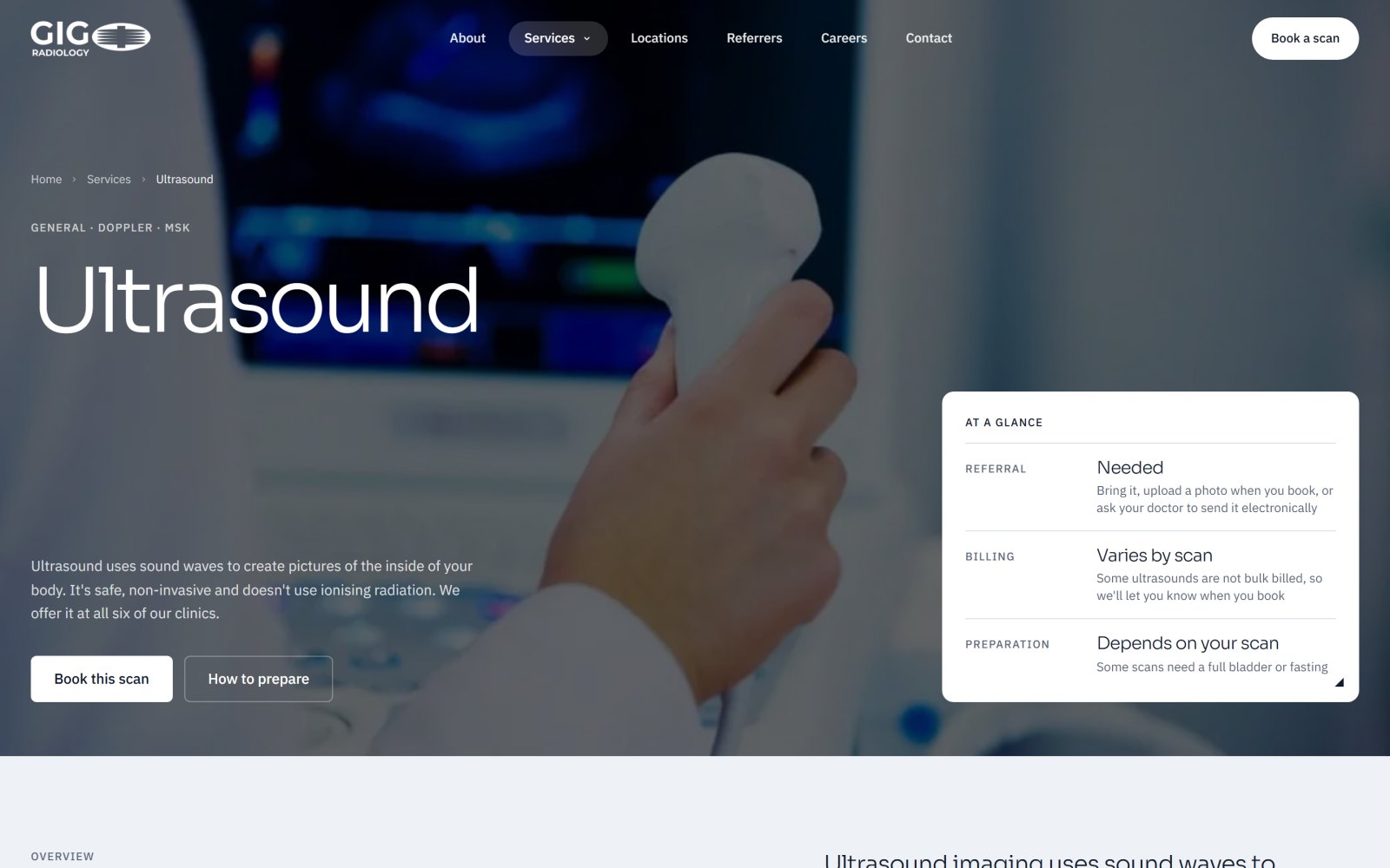 The ultrasound page, with a panel summarising whether a referral is needed, how it is billed and how to prepare