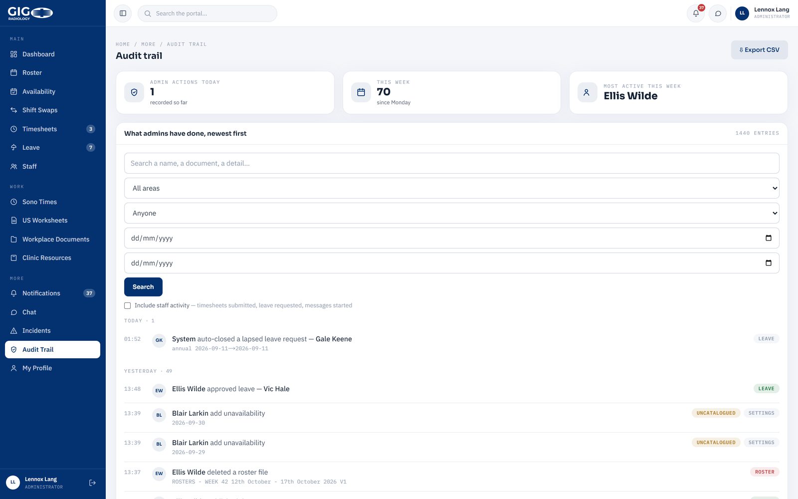 The audit trail screen, listing portal actions in reverse order with who did them and when