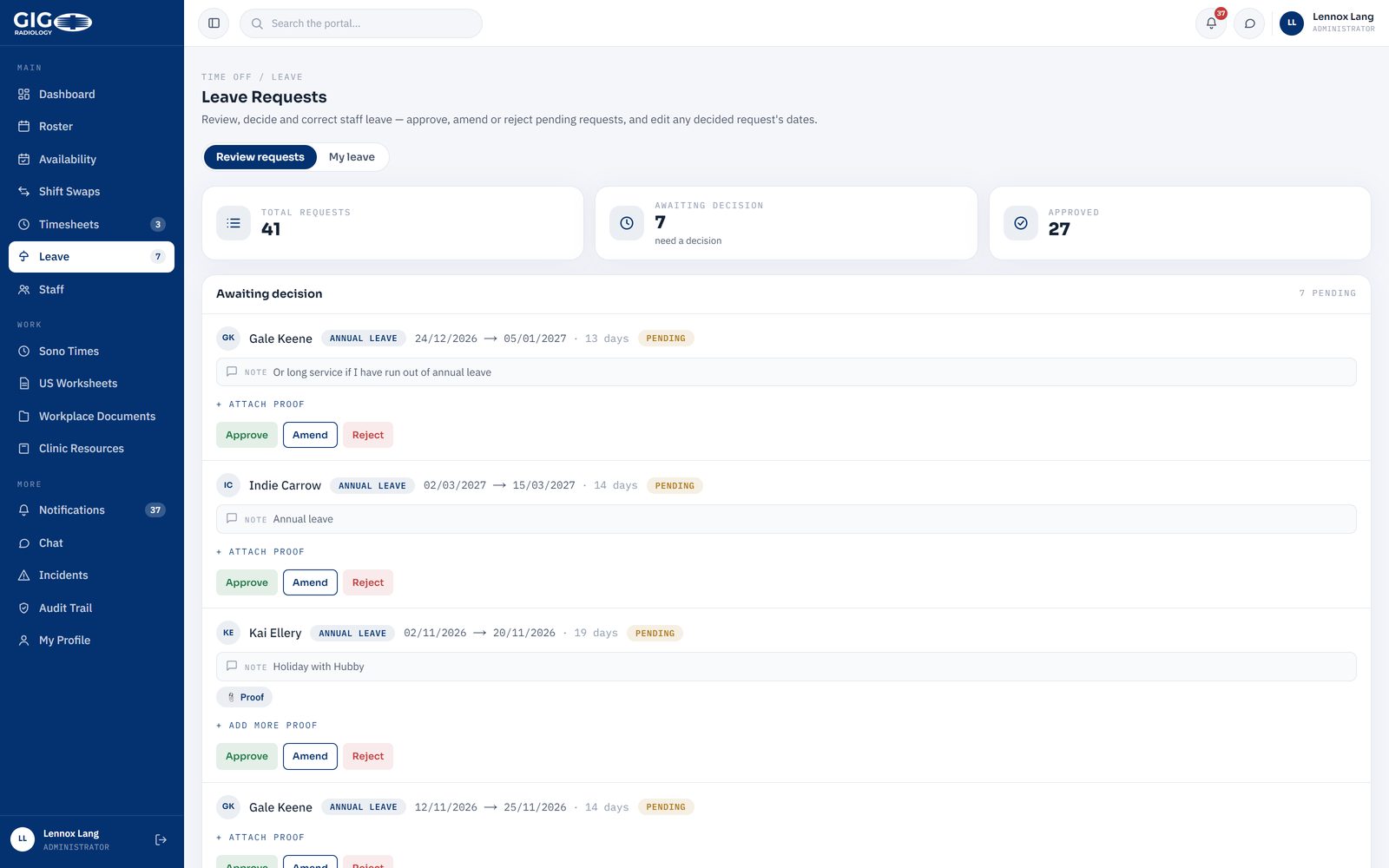 The leave review queue in the portal, listing requests with dates, day counts, staff notes and approve, amend or reject buttons