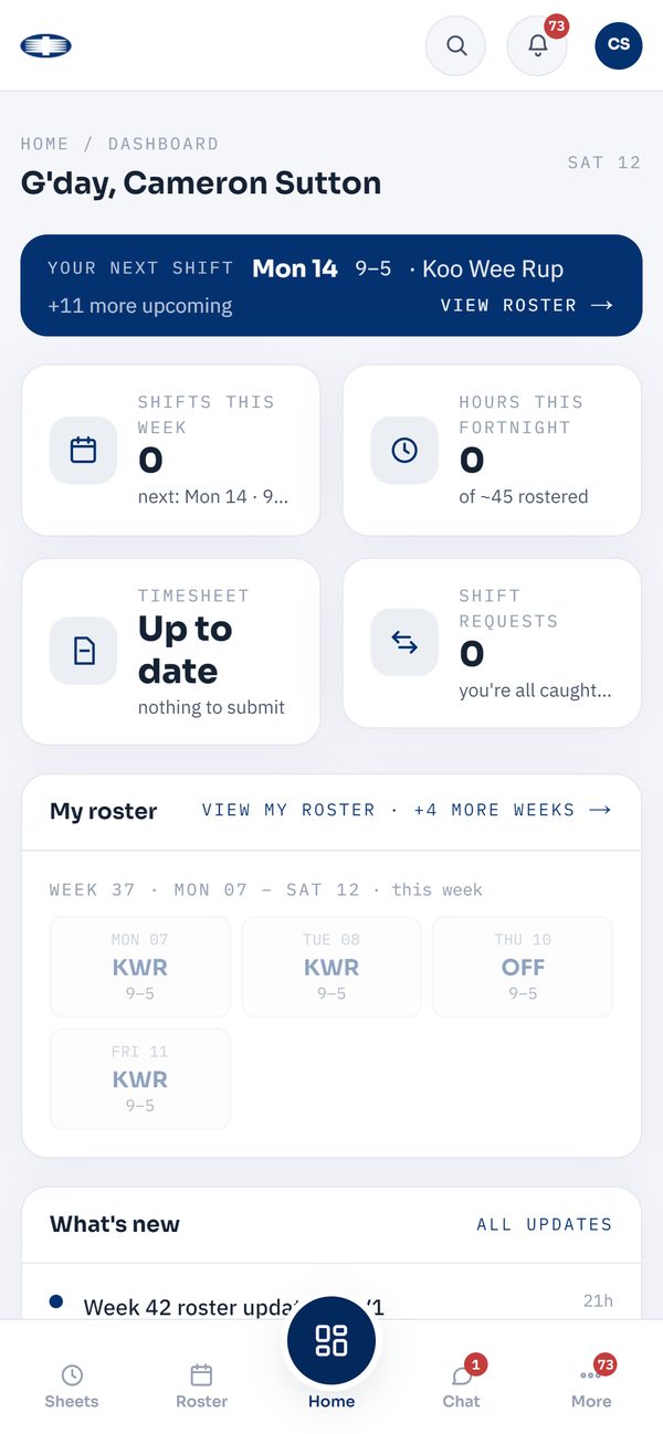 The portal home screen on a phone, showing the next rostered shift, hours for the fortnight and whether a timesheet is outstanding