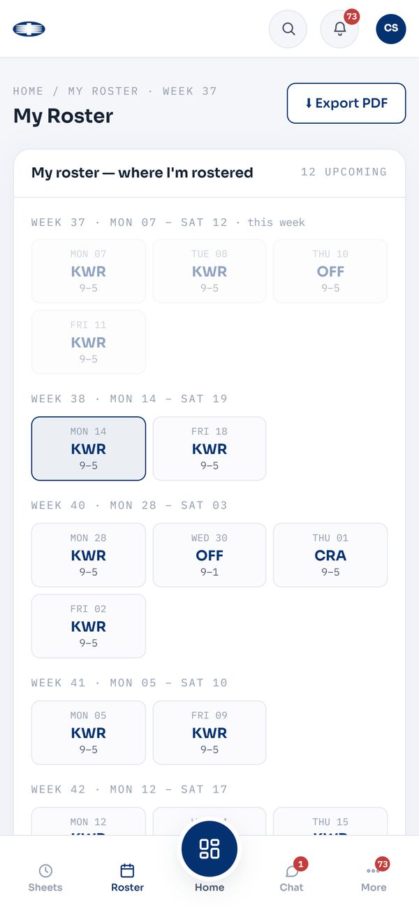 The my roster screen on a phone, listing the staff member's own shifts week by week with site codes and hours