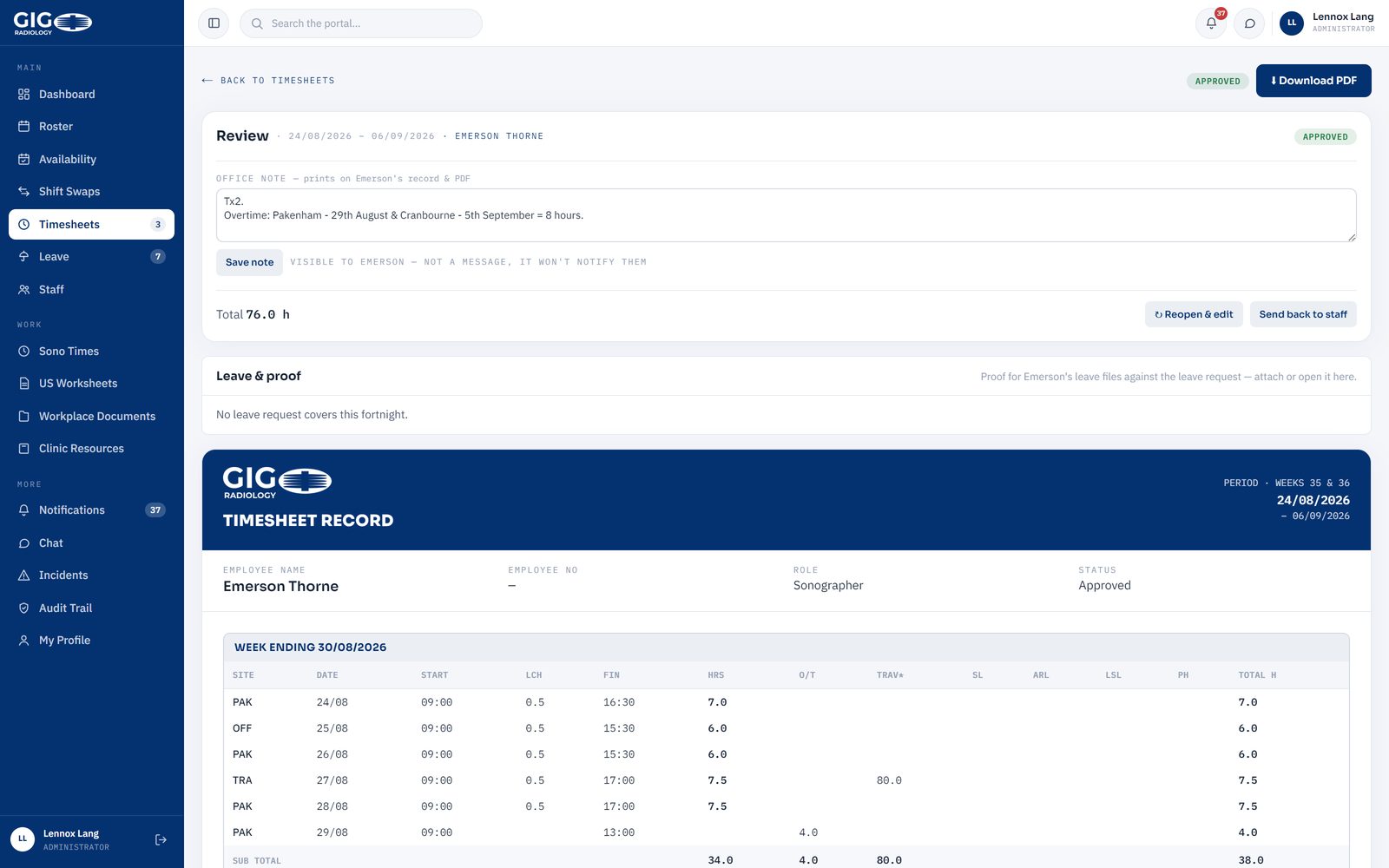 An approved fortnightly timesheet in the portal, showing each day's site, start, lunch, finish, hours and overtime, with a running total and an office note about overtime worked