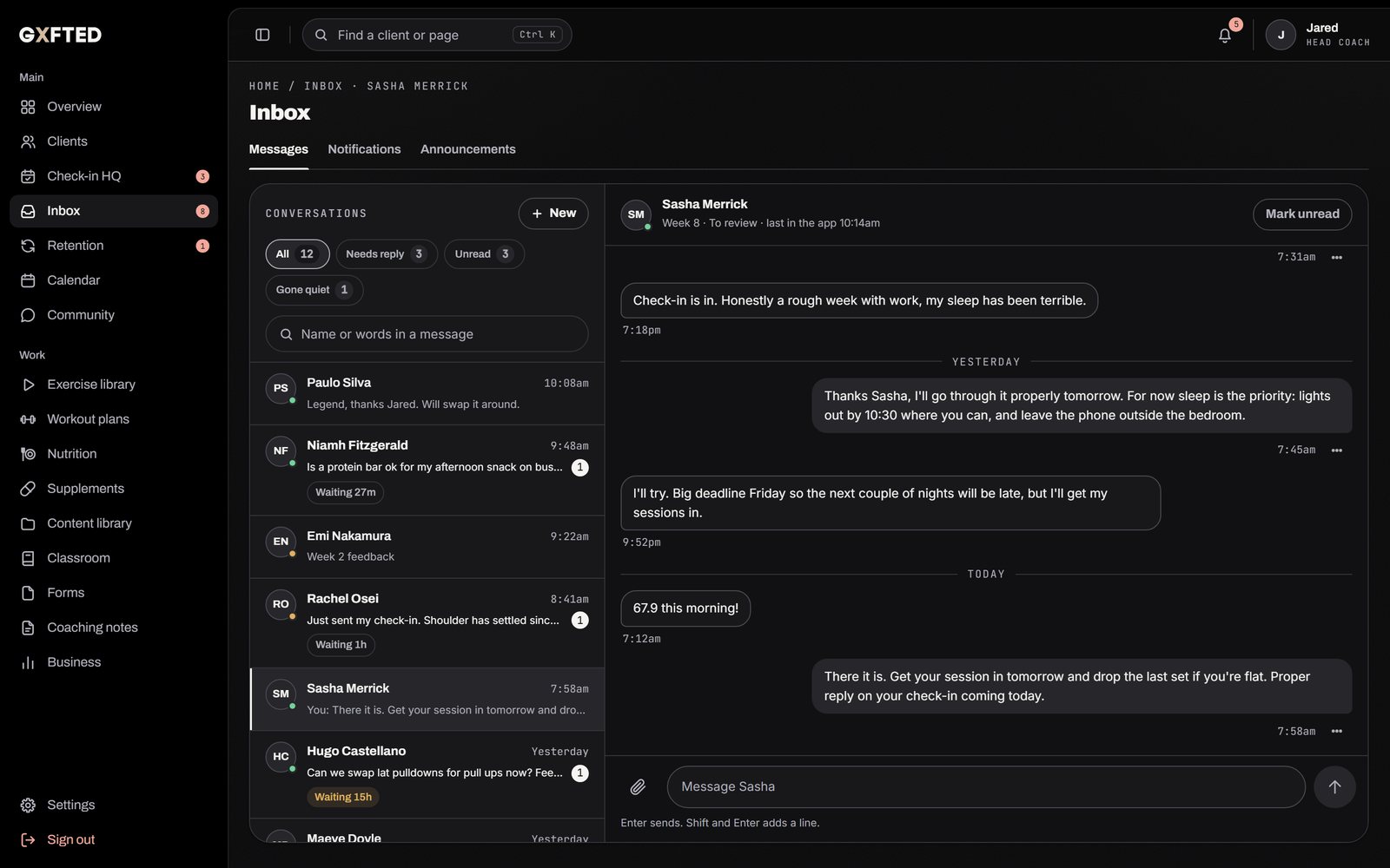 The coach's inbox, listing client conversations with the newest message from each and a thread open beside them