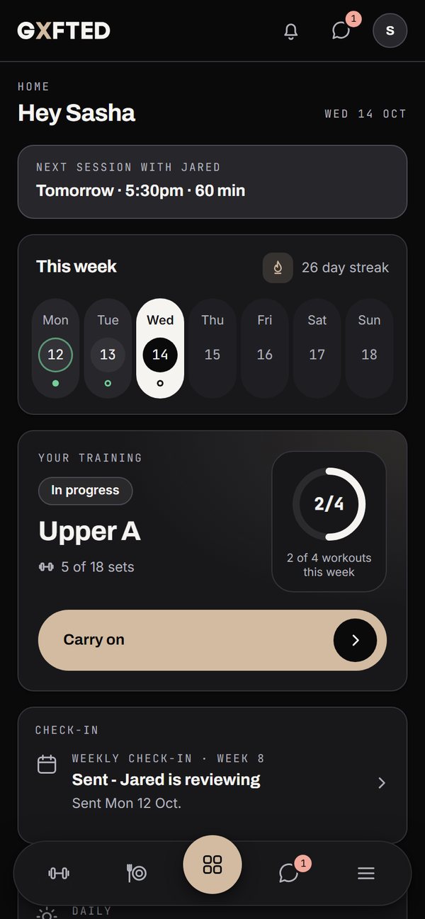 The client app's home screen on a phone, with today's session, meals, water and steps, the next call and a note from the coach