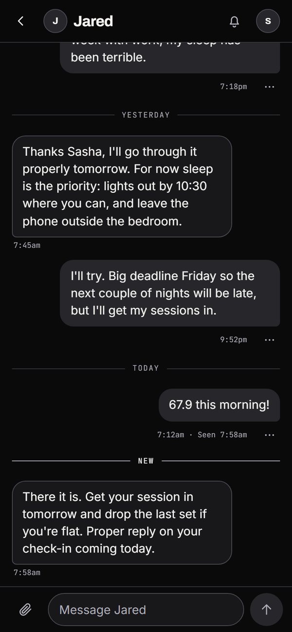 A message thread between a client and their coach on a phone