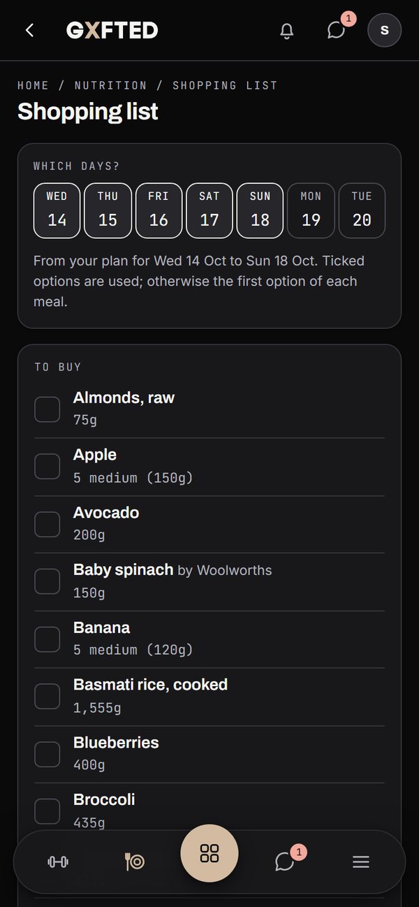 The shopping list on a phone, grouped by aisle with amounts for the week