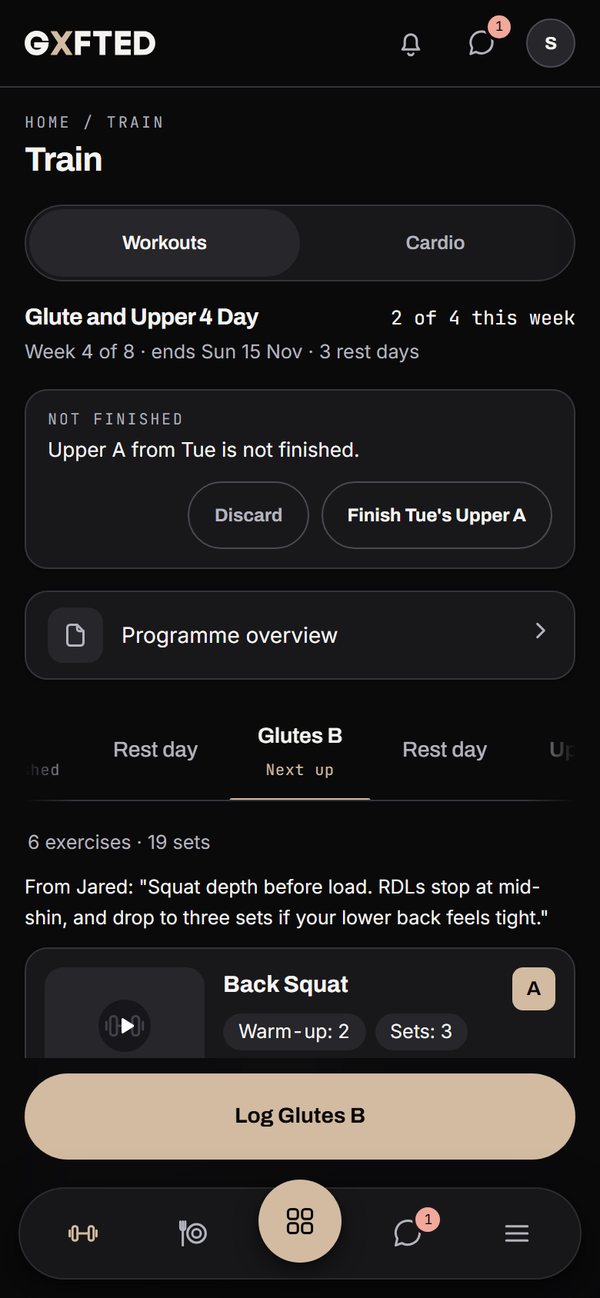 The Train screen on a phone, showing the client's programme week with each training day and what is next