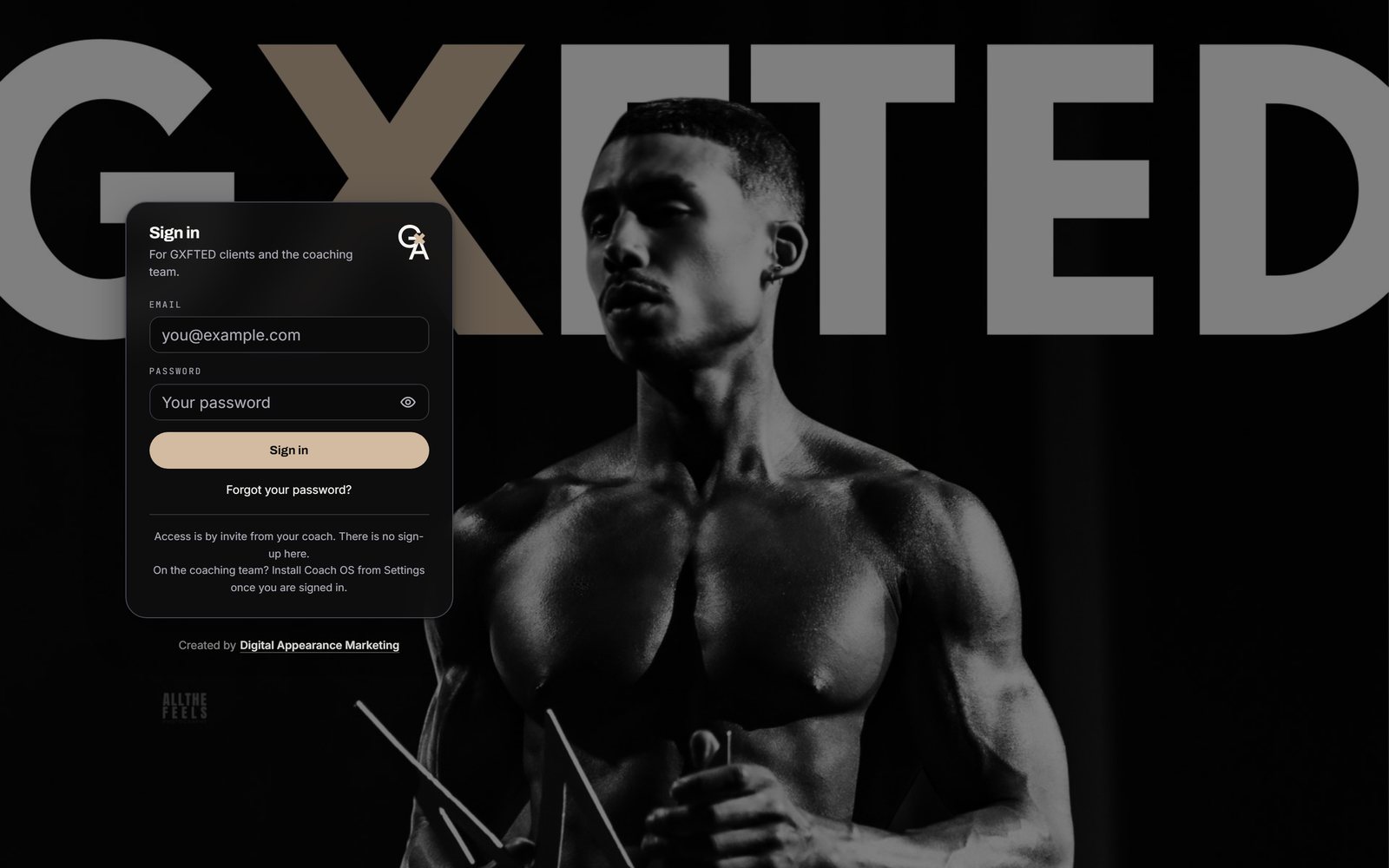 The GXFTED sign-in screen, a black and white photograph of the brand with the sign-in card on its dark left side