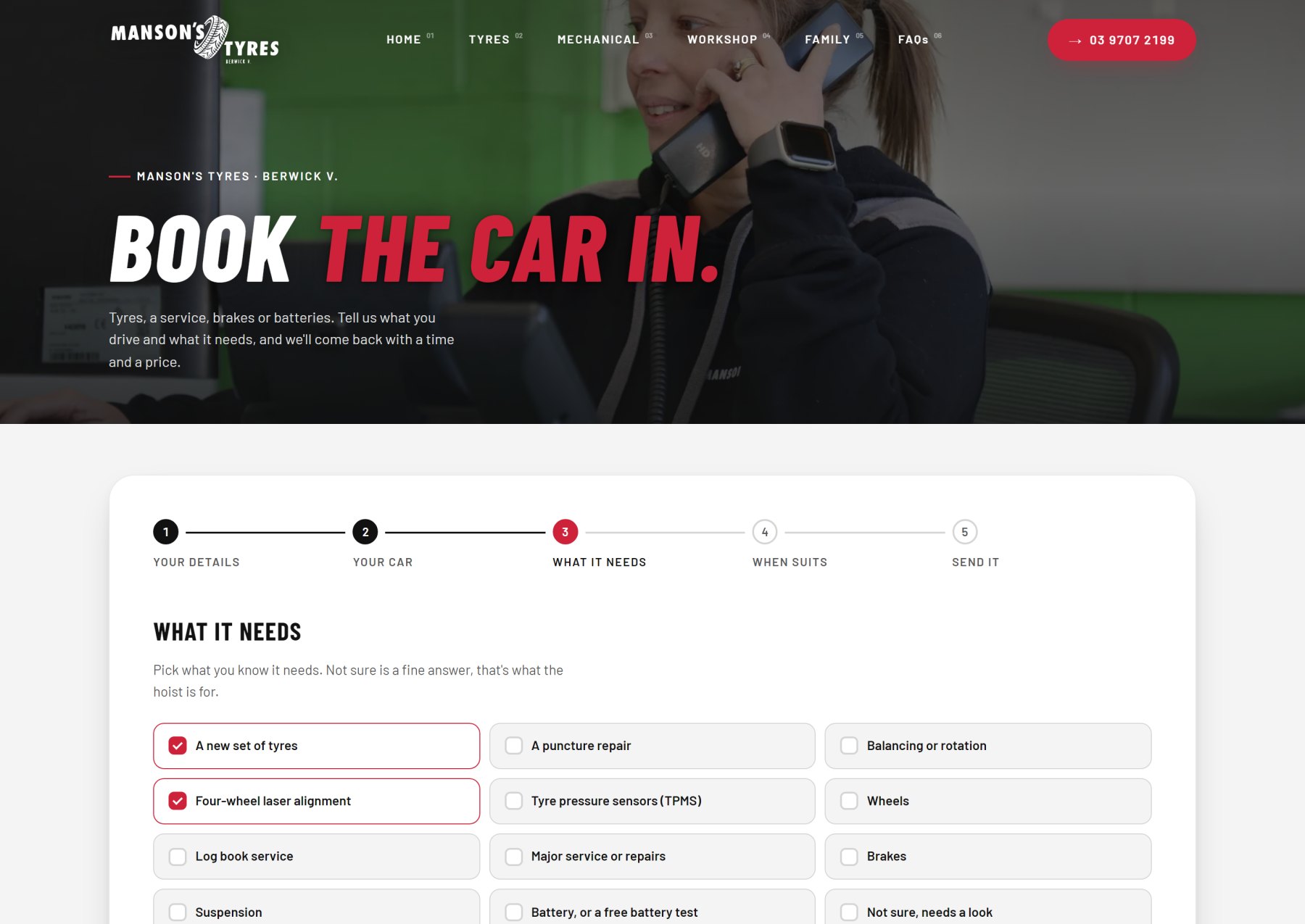Step three of five of the booking form, What it needs, with a new set of tyres and four-wheel laser alignment ticked among twelve options