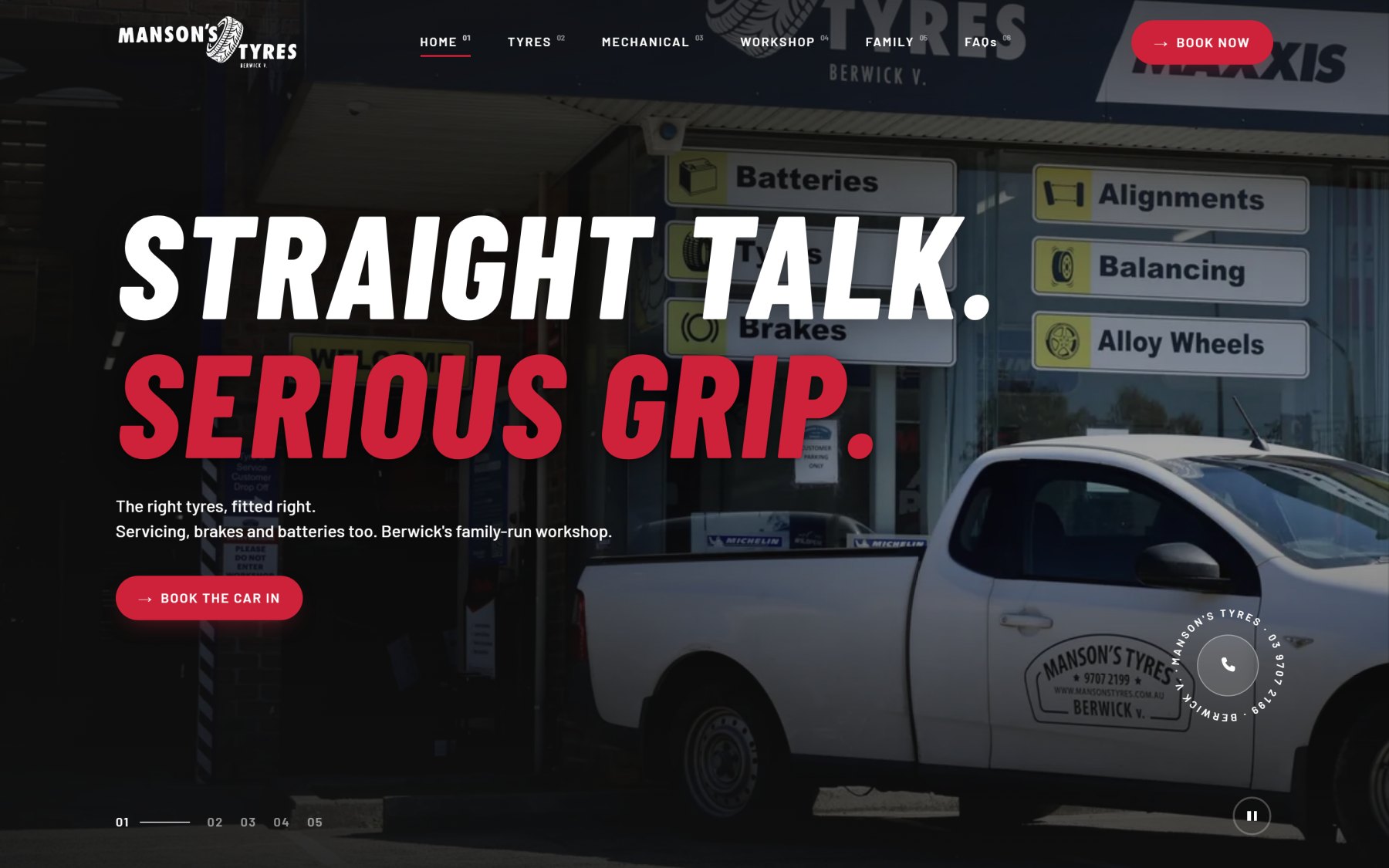 The Manson's Tyres homepage: the headline Straight talk, serious grip over a photo of the shop's ute outside the workshop, with a Book the car in button