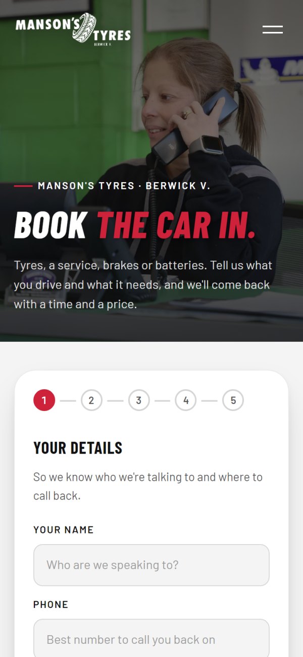 The booking page on a phone, with the phone number in the menu and the first step of the form below