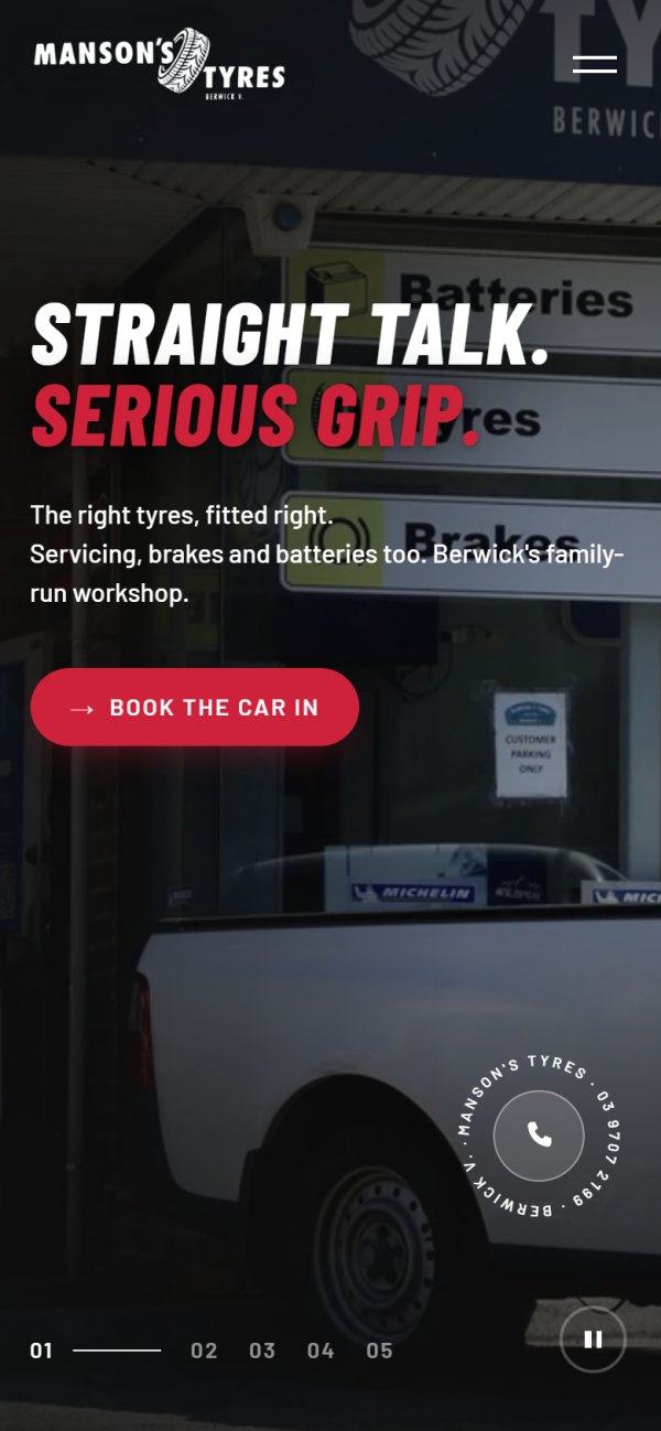 The Manson's Tyres homepage on a phone, with the headline and a Book the car in button on the first screen