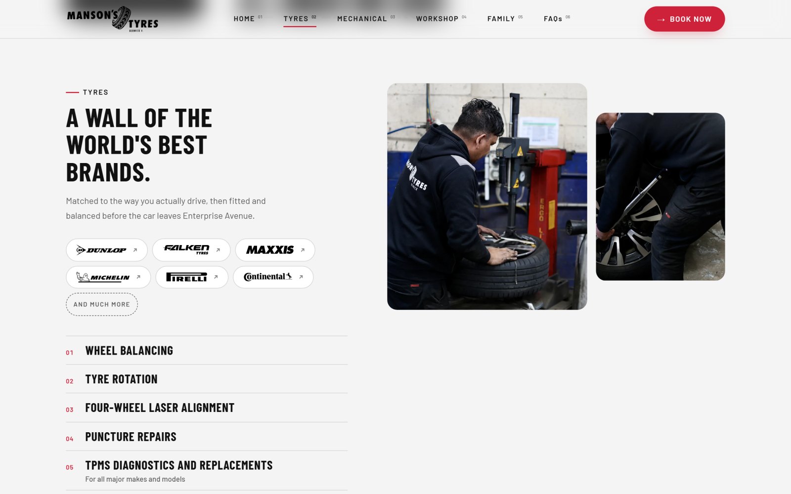 The tyres section, headed A wall of the world's best brands, with the tyre brand logos, the tyre services as a numbered list and photos of a technician fitting a tyre
